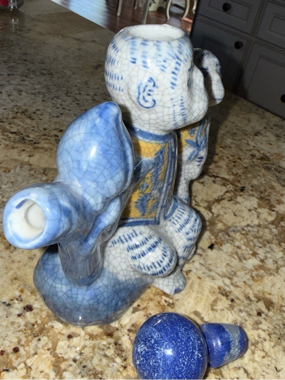 Vintage Chinosieri Blue and Yellow Ceramic Monkey Tea Pot/Saki - Picture 4 of 6